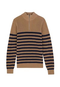 Pull en laine beige avec un col à moitié zippé. Présente des rayures horizontales bleu marine et une texture côtelée sur les poignets et l'ourlet. Fabriqué en tissu tricoté.