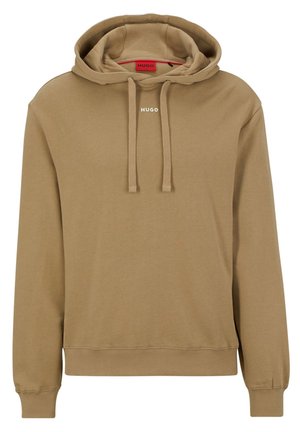 Sweat à capuche beige avec cordons de serrage, poignets et ourlet côtelés, et petit logo "HUGO" centré sous l'encolure.