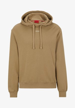 Beżowa bluza z kapturem z troczkami, prążkowanymi mankietami i dołem oraz małym logo "HUGO" umieszczonym na środku poniżej linii szyi.