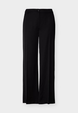 Juodos plačios kojų kelnės su priekiniais mygtukais ir užtrauktuku, lygia juosmens juosta ir lygiu audinio paviršiumi.