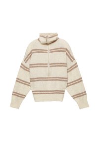 Sweter w kolorze kremowym z brązowymi poziomymi paskami, wysokim kołnierzem i półzamkiem z przodu. Posiada obniżone ramiona i ribbowe mankiety.