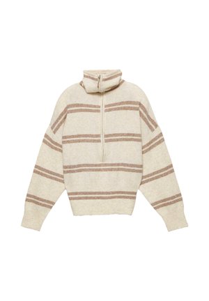 Sweter w kolorze kremowym z brązowymi poziomymi paskami, wysokim kołnierzem i półzamkiem z przodu. Posiada obniżone ramiona i ribbowe mankiety.