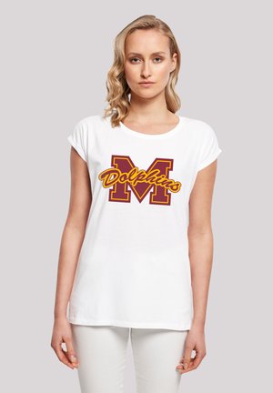 White cotton t-shirt with rolled short sleeves featuring a large, yellow and maroon graphic that reads "M Dolphins." Casual fit with a round neckline.