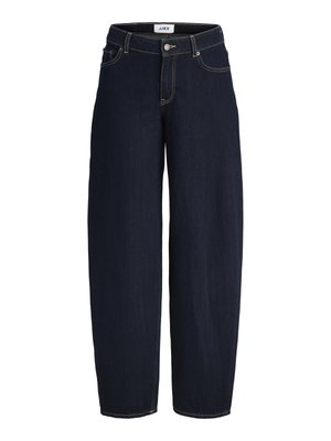 Jean en denim bleu foncé à jambes larges avec bouton devant, fermeture éclair, passants de ceinture et surpiqûres contrastantes.