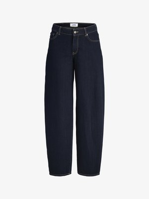 Donkerblauwe wijde jeans van denim met knopen aan de voorkant, ritssluiting, riemlussen en contrasterende stiksel.