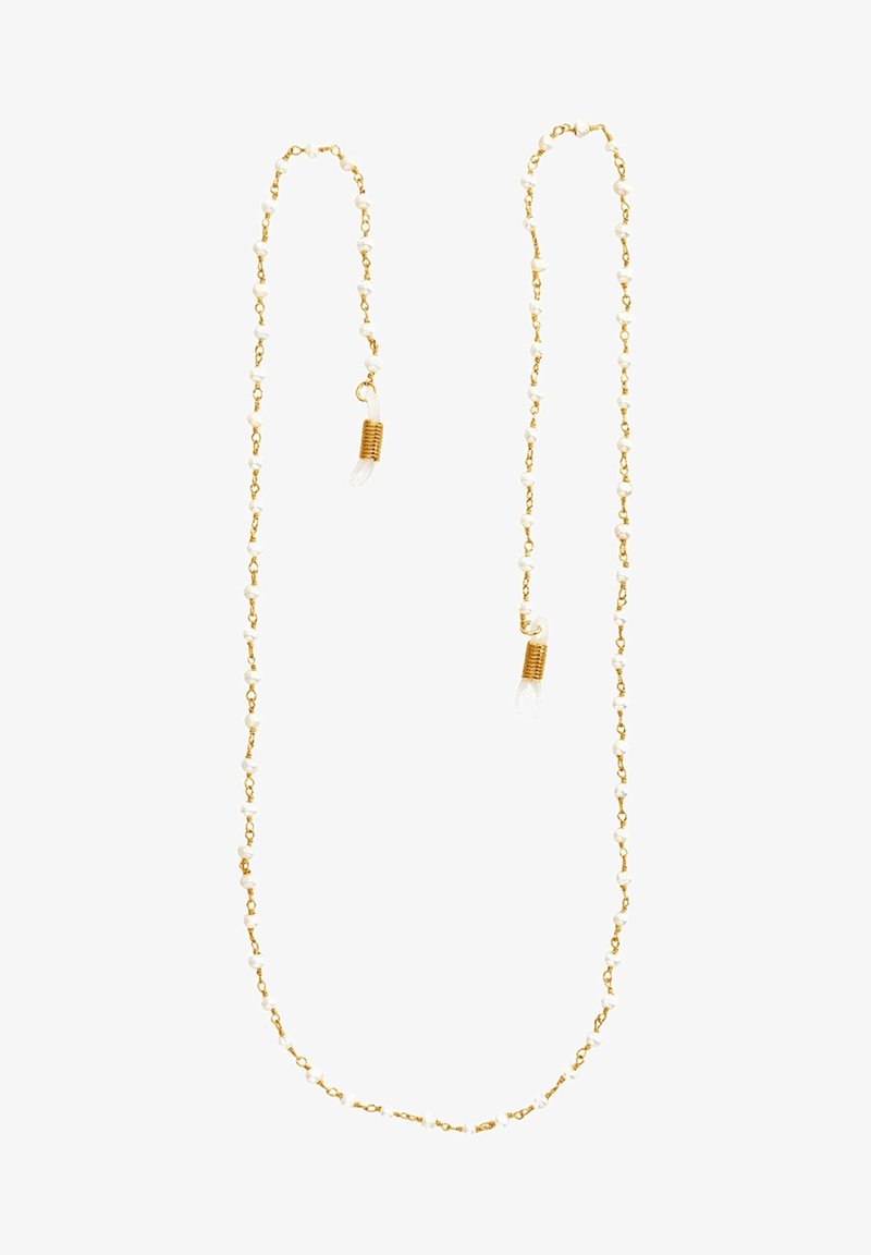Chaîne en or délicate avec de petites perles blanches espacées régulièrement, avec des fermoirs en cristal clair et en spirale dorée aux deux extrémités.