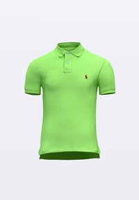 Polo verde lima con cuello clásico, mangas cortas, tapeta de dos botones y un logo rojo en el pecho izquierdo. Textura de tela suave.