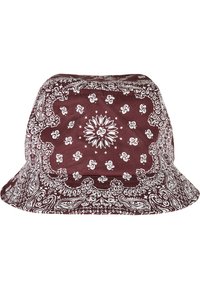 Bordeaux bøttehatt med hvite paisley mønstre og et blomsterdesign på toppen. Laget av stoff med myk tekstur og bred skjerm.
