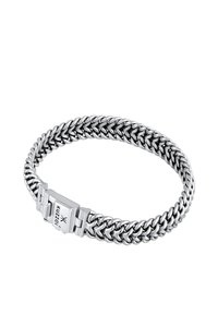 Bracciale in argento con maglie intrecciate, finitura lucida e chiusura a scatola con nome del marchio inciso.