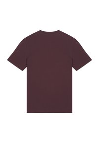 Bordeaux katoenen T-shirt met korte mouwen en een ronde halslijn; gladde textuur en effen kleur; eenvoudige achterzijde, geen patronen of accenten.