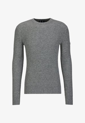 Grijze geribde trui met lange mouwen en een ronde hals. Beschikt over een gestructureerd breipatroon en een geribde zoom voor extra detail.