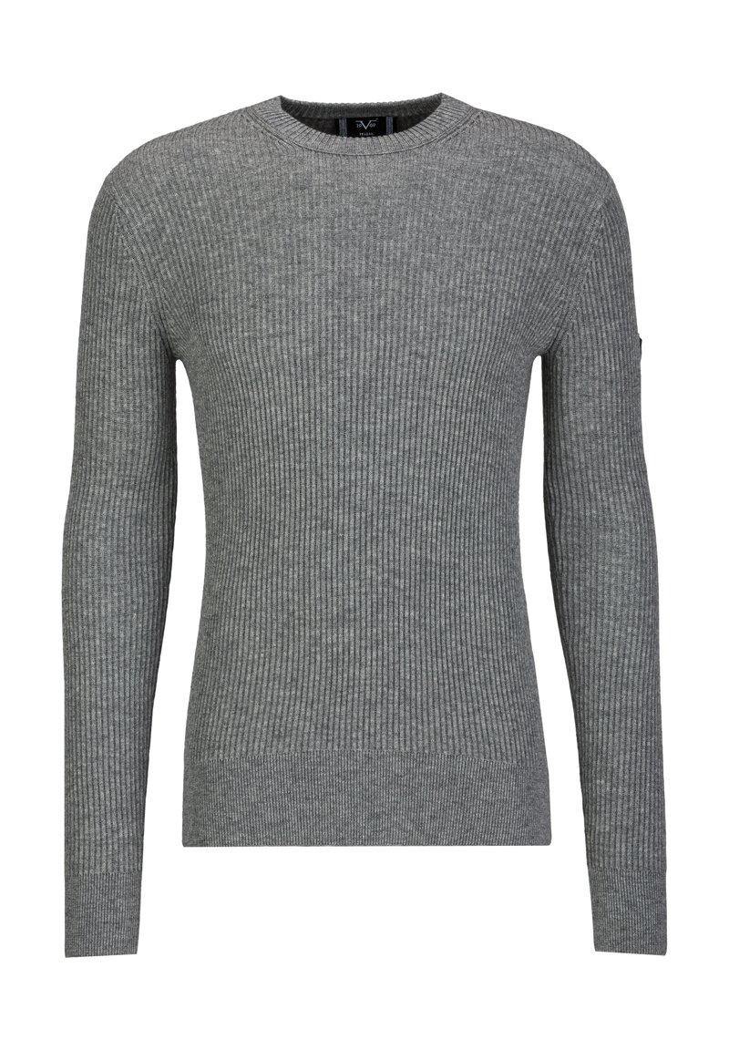 Grijze geribde trui met lange mouwen en een ronde hals. Beschikt over een gestructureerd breipatroon en een geribde zoom voor extra detail.