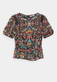 Multicolored blouse featuring a vibrant floral pattern, short puff sleeves, a peplum hem, and a keyhole neck closure with lace accents.