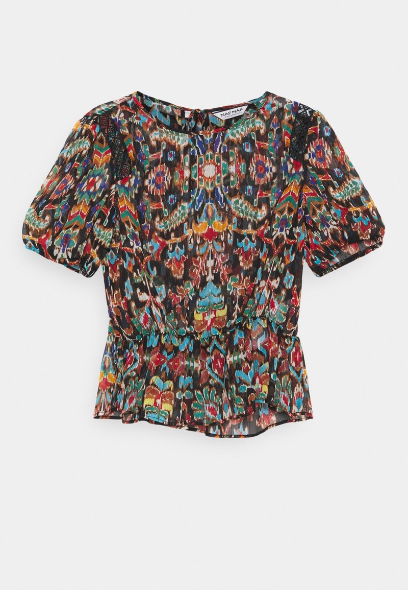 Multicolored blouse featuring a vibrant floral pattern, short puff sleeves, a peplum hem, and a keyhole neck closure with lace accents.