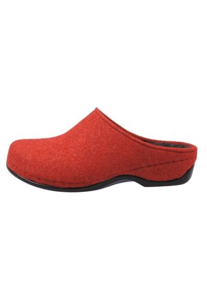 Red felt slip-on clog with closed toe, low heel, and black sole, shown in side profile on a white background.