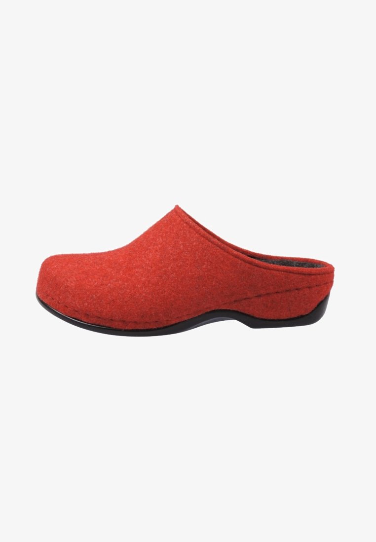 Red felt slip-on clog with closed toe, low heel, and black sole, shown in side profile on a white background.