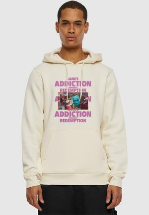 Cream-colored hoodie with a front pocket, featuring bold pink text and a graphic image. Made of soft, textured fabric with a hood.