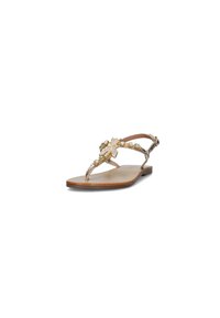 Sandalo piatto in tono oro con una cinghia metallica e decorazioni. Soletta marrone; design minimalista con listino per le dita.