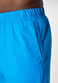 Blue athletic shorts with an elastic waistband, side pockets, and perforated detail on the side. Made of lightweight, breathable material.
