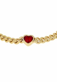 Bracciale in gold chain con un prezioso gemstone a forma di cuore rosso incastonato in una cornice dorata al centro.