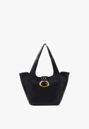 Sac cabas en cuir noir à texture lisse, ouverture large, avec un accent en métal doré ovale. Dispose de deux anses allongées pour le transport.