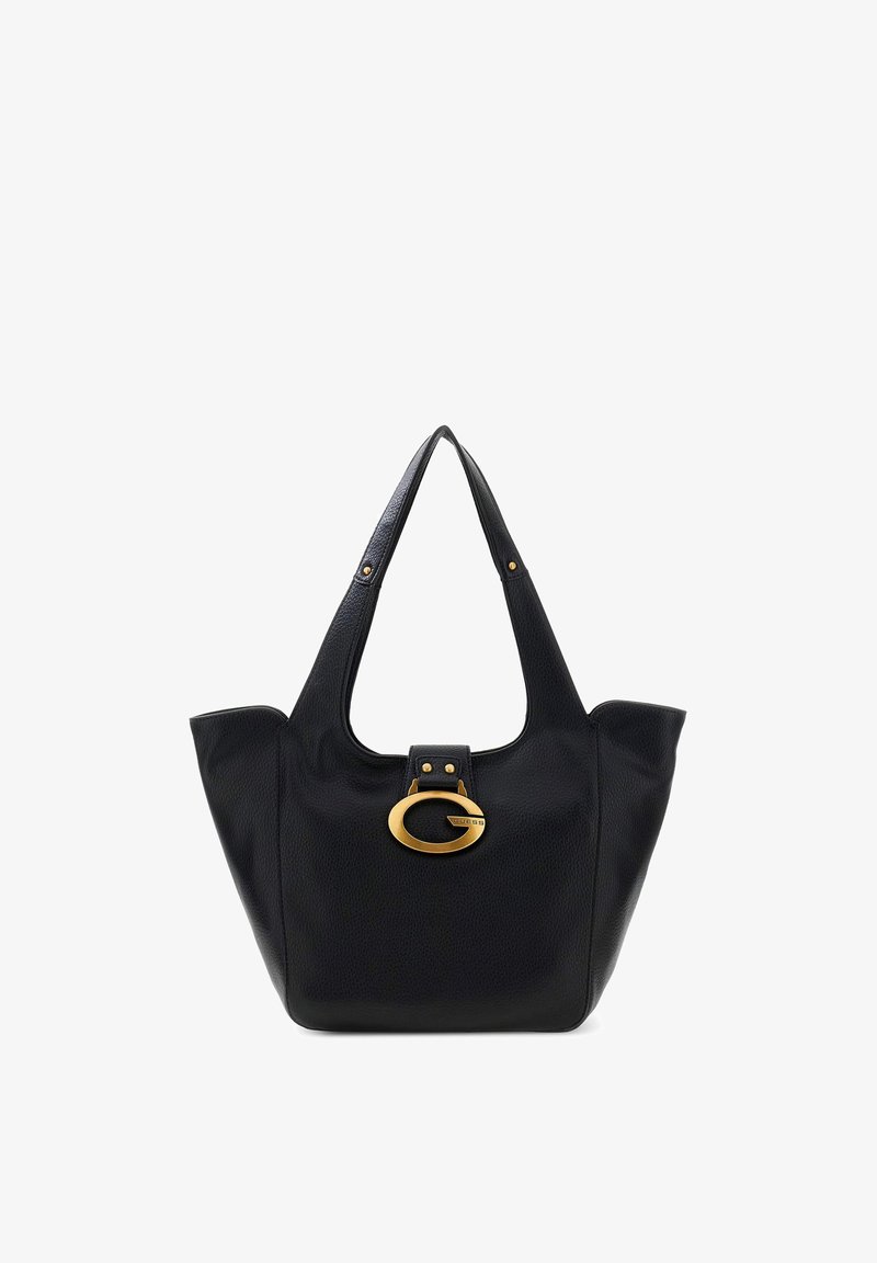 Sac cabas en cuir noir à texture lisse, ouverture large, avec un accent en métal doré ovale. Dispose de deux anses allongées pour le transport.