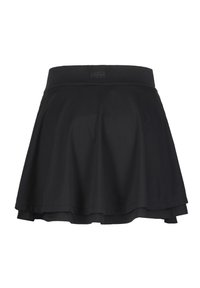Zwarte skort van rekbaar materiaal, met een flare ontwerp, een zachte tailleband en een gelaagde zoom met een subtiele textuur en zonder zichtbare patronen.