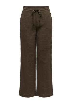 Široke tamnocrne hlače s teksturom, elastičnim strukom i prednjim vezicama.