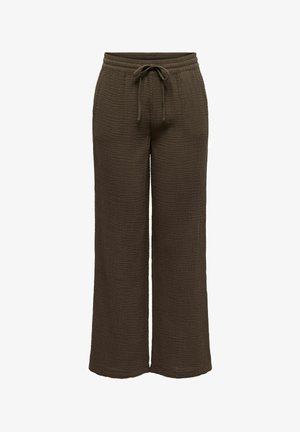 Ohlapne temno rjave, teksturirane hlače z elastičnim pasom in sprednjim vrvico za zavezovanje.
