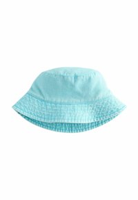 Jasnoniebieski kapelusz typu bucket, wykonany z miękkiej, teksturowanej tkaniny, z szerokim rondem i usztywnioną koronką, zapewniający ochronę przed słońcem.