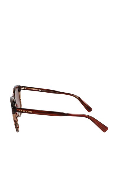 Brown tortoiseshell sunglasses with bold round frames, sleek arms, and gold "LONGCHAMP" branding on the outer side of the temples.