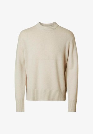 Beige värviga ümar kaelusega sviiter, millel on pikad varrukad, soonikkoes krae, mansetid ja allserv, valmistatud pehmest kudumiskangast.