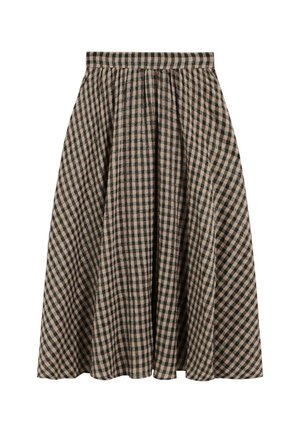 Falda de cuadros marrón y negra hasta la rodilla, con una silueta acampanada y cinturilla ajustada sobre un fondo blanco.