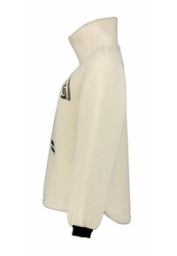 Cremfarbener Fleece-Pullover mit hohem Kragen, schwarzen Akzenten an den Bündchen und einem gestickten geometrischen Design auf der Vorderseite.