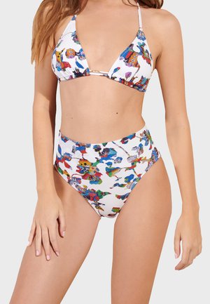 Women's bikini set featuring a multicolored abstract pattern on a white base. The top has triangular cups and adjustable straps, while the high-waisted bottom complements the design.