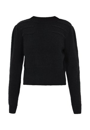 Maglione cropped nero realizzato in tessuto testurizzato, con righe di piccoli rivetti accentuati sulle spalle, maniche lunghe e polsini e orlo a coste.