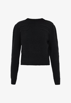 Suéter negro corto hecho de una tela texturizada, con filas de pequeños clavos en los hombros, mangas largas y puños y dobladillo acanalados.