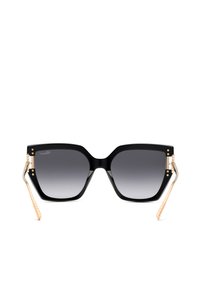 Lunettes de soleil carrées noires oversize avec verres dégradés gris et branches détaillées en or, présentées sur fond blanc.