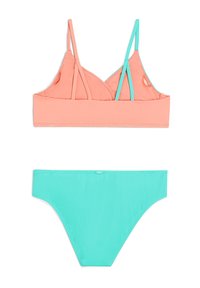 Dwuczęściowy zestaw bikini; biustonosz w kolorze koralowym z regulowanymi turkusowymi ramiączkami i wyjmowanym wkładkami; dopasowane turkusowe majtki o gładkiej fakturze.