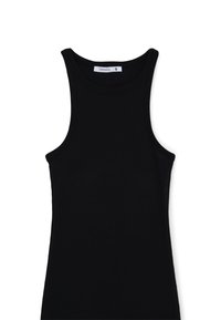 Top nero senza maniche realizzato in tessuto a costine, con scollo rotondo. L'etichetta interna indica la taglia S.