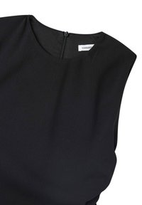 Czarny top na ramiączkach bez rękawów, z okrągłym dekoltem i zapięciem na zamek z tyłu. Wykonany z gładkiego, lekkiego materiału o minimalistycznym designie.