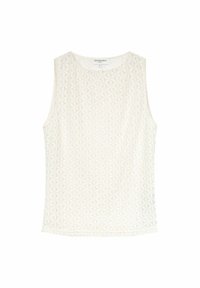 Top sans manches blanc en tissu texturé avec un motif géométrique. Encolure ronde et coupe décontractée, avec des coutures le long de l'ourlet.