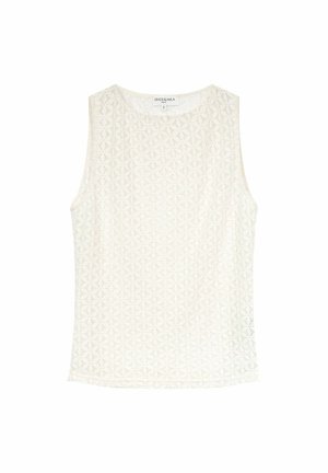 Top sans manches blanc en tissu texturé avec un motif géométrique. Encolure ronde et coupe décontractée, avec des coutures le long de l'ourlet.