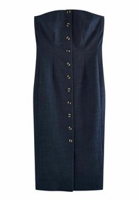 Dunkelblaues trägerloses Kleid mit schmaler Silhouette, das eine Reihe runder metallischer Knöpfe auf der Vorderseite und einen dezenten strukturierten Stoff aufweist.