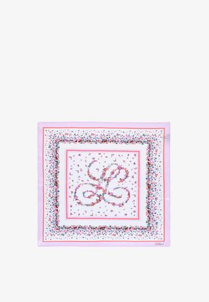 Vierkante zijden sjaal met een bloemenpatroon in roze, blauw en wit, omlijst met roze en rode accenten. Het midden bevat een sierlijk schriftontwerp.