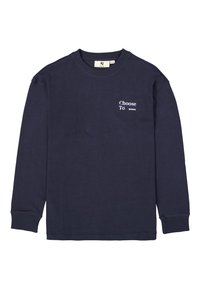 Navyblauwe lange mouwen T-shirt van katoen. Heeft een ronde hals en de opdruk "Choose To" op de linkerborst. Zachte textuur.