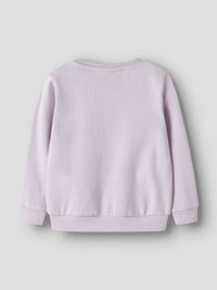 Sweat-shirt long à manches longues de couleur violet clair unie, avec poignets, ourlet et encolure montante côtelés, présenté de dos sur un fond gris.