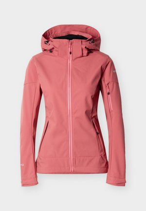 Lyserød softshell-jakke med frontlynlås, justerbar hætte, lynlåslommer på siden og ærmer, vist på en ensartet hvid baggrund.