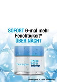 Neutrogena Hydro Boost Night Cream in a clear glass jar with a light blue lid. Surface has water droplets, surrounded by blue gel-like spheres.