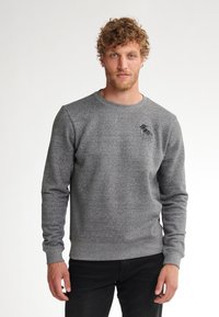 Grijze fleece sweatshirt met een ronde hals, lange mouwen en geribbelde manchetten. Heeft een klein zwart logo op de linkerborst.